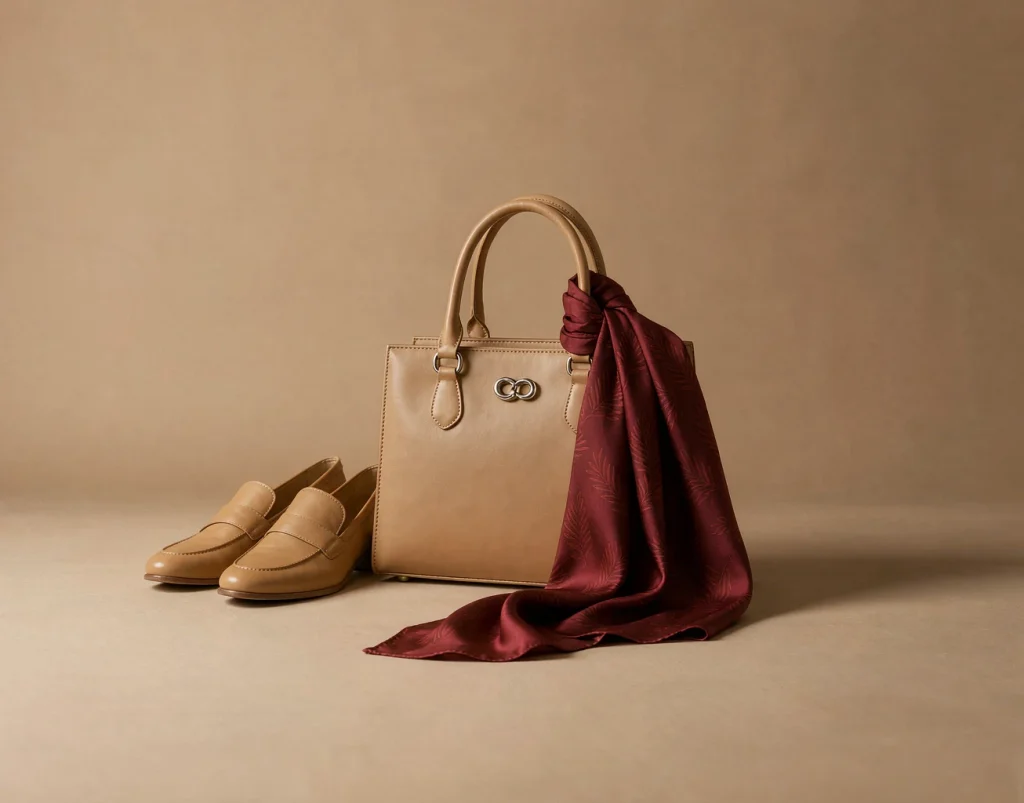 Tan leather handbag, loafers and a deep red silk scarf on a warm beige backdrop