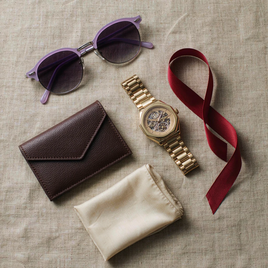 Flatlay of sunglasses, a gold watch, a leather cardholder and a silk ribbon